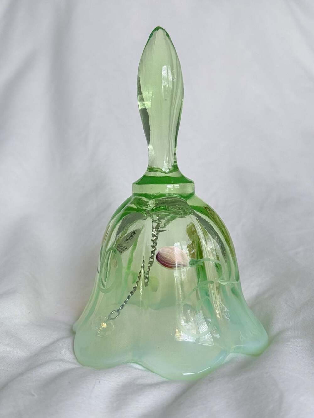 Uranium Fenton Hand Painted Light Green Floral Art Glass Bell - Picture 9 of 15